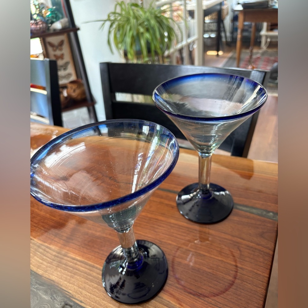 Blue rim & base hand  blown cocktail glasses 5 in across & 7 in tall (2)